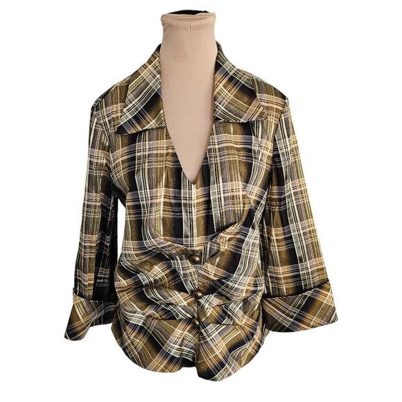 Joseph Ribkoff Gold Black Plaid Collared Top Sz 14 - Picture 1 of 9